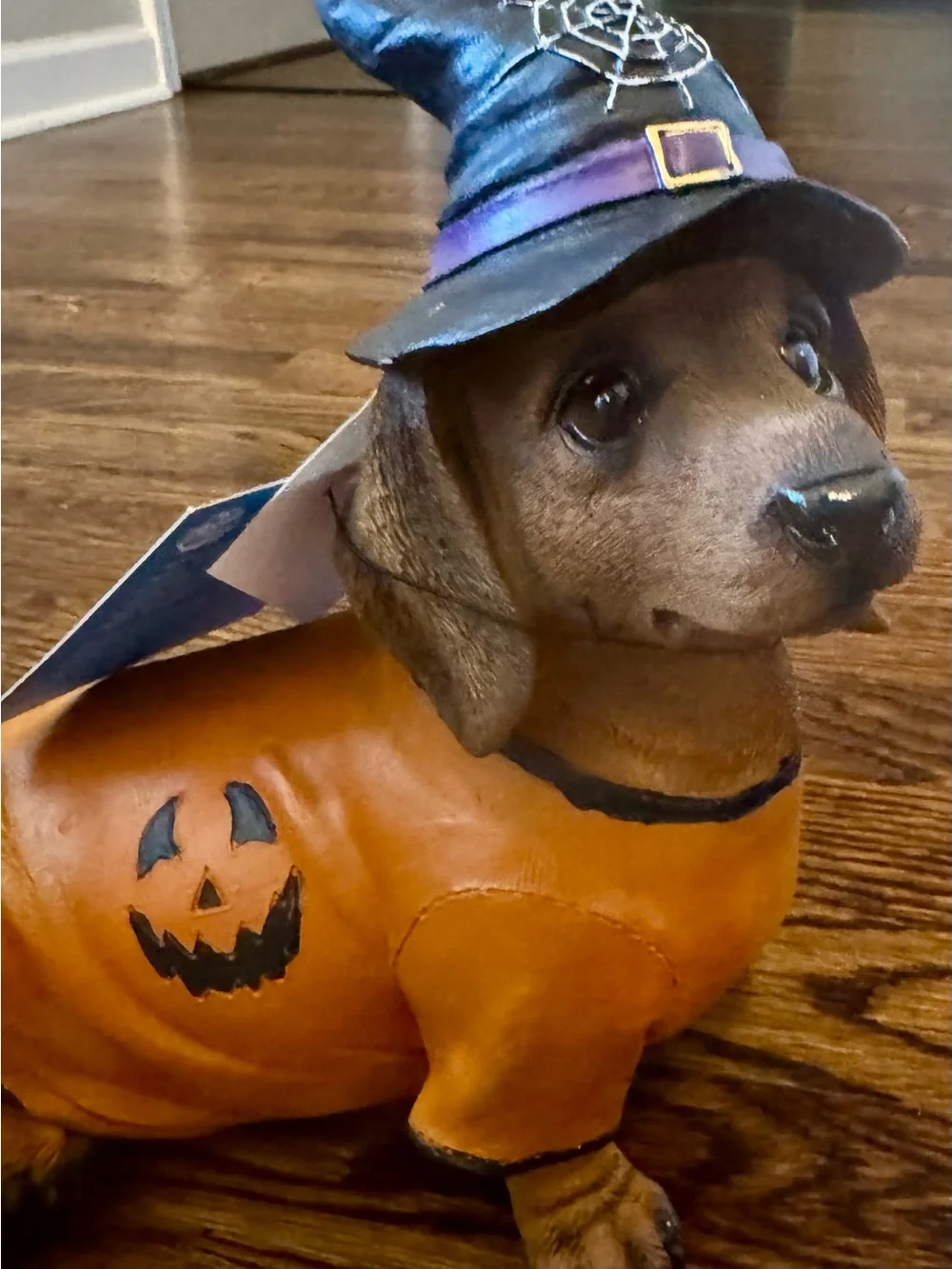 Halloween Pumpkin Dachshund Dog Figurine With Orange and Black Halloween Shirt